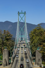 Lions Gate Bridge Front View From Stanley Park On A Sunny Summer Day