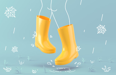 Feet in yellow rubber boots jump in a puddle, where fallen leaves float. Legs of happy lady running down puddle and making splashes. Creative layout on pastel blue background. 3d render