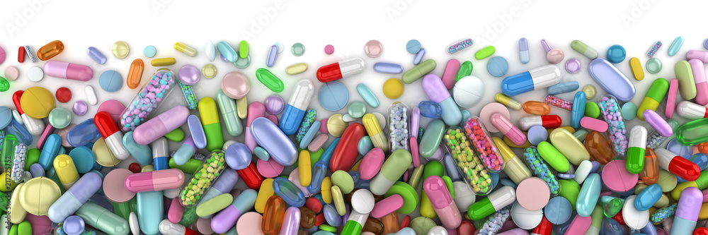 Healthcare themed pile of colorful pills - 3d render - obrazy, fototapety, plakaty 