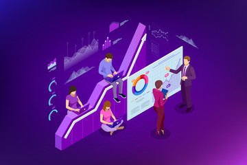 Poster - Isometric web banner Data Analisis and Statistics concept. Vector illustration business analytics, Data visualization. Technology, Internet and network concept. Data and investments.