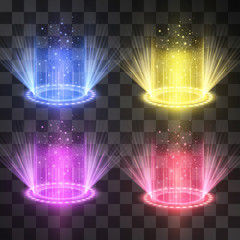 Futuristic neon light portal set, crown shape laser cylinder light with glowing sparkles on transparent background. Magical glittering stardust illumination. Blinking energy stream. Hologram station.