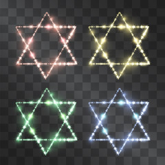 Shining glitter star of David light effect set isolated on transparent background. Glowing symbol of jewish church, hexagram Solomon seal. Hebrew identity icon made of brilliant stars, ancient amulet.