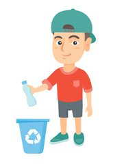 Canvas Print - Eco-friendly caucasian boy throwing plastic bottle in recycle bin. Full length of little boy throwing plastic waste in recycling bin. Vector sketch cartoon illustration isolated on white background.