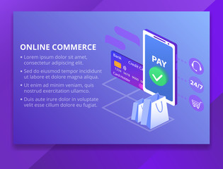 Fototapete - Online commerce vector illustration for e-business or e-commerce technology. Mobile app for payment with credit card and web banking customer or client call center and shopping cart of mobile trade