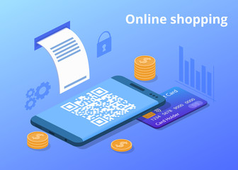 Fototapete - Online shopping vector illustration for digital retail and mobile trade. Credit card, money coins and shop QR code of web store purchase receipt in smartphone with secure payment technology