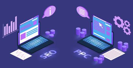 Fototapete - SEO and digital marketing vector illustration of search engine optimization and keyword PPC planning. Company and product web site advertising technology in internet on ultraviolet purple background