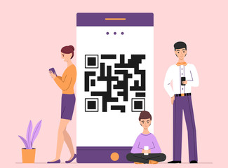 Fototapete - People using smartphones vector illustration of mobile phone with QR code. Men and woman typing chat and surfing in internet with modern smart devices for business or fun concept