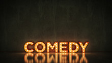 Neon Sign On Brick Wall Background - Comedy. 3d Rendering