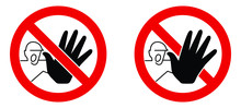 No Unauthorized Access Sign. Screaming Man With Black Hand Stopping In Red Crossed Circle. Version With Palm In Front And Back Of Cross.