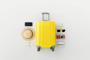 Wall Mural - Flat lay yellow suitcase with traveler accessories on white bright background. travel concept. 3d rendering