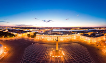 Aerial Front View At The Winter Palace Building In White Nights, Exterior Palace Square And Aleksandr Column At Summer. Top View From Drone. Saint-Petersburg, Russia