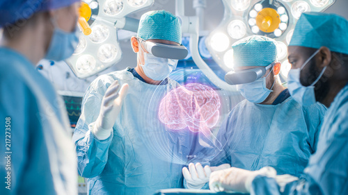 Surgeons Perform Brain Surgery Using Augmented Reality, Animated 3D Brain. High Tech Technologically Advanced Hospital. Futuristic Theme.