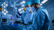 Professional Surgeons and Assistants Talk and Use Digital Tablet Computer while Standing in the Modern Hospital Operating Room.