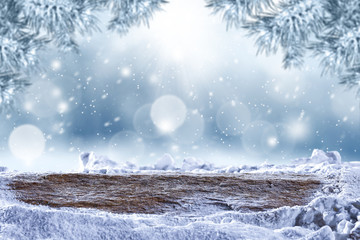 desk of free space and winter background 