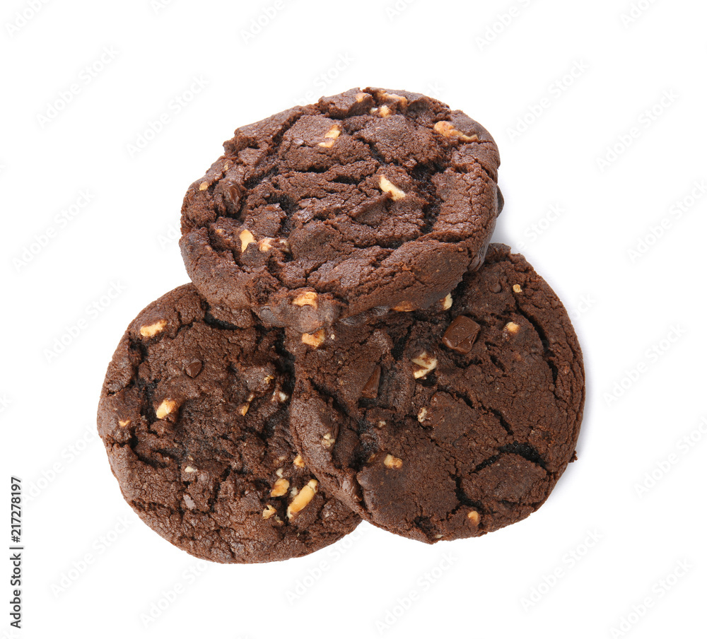 Tasty chocolate cookies on white background