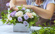 timelapse professional florist arranging flower composition in wooden box in floral design studio. Caucasian female master in apron creating floral design. Floristry, handmade, small business concept