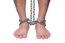 Male Prisoner Chain Bondage On The Floor, Concept Of Violence And Criminal ISolated White Background