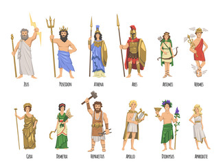 Pantheon of ancient Greek gods, Ancient Greece mythology. Set of characters with names. Flat vector illustration. Isolated on white background.