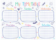 © mashot - School timetable template on copy book sheet with hand written text. Weekly lessons shedule in sketchy style decorated with hand drawn school doodles.