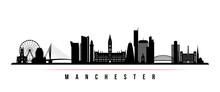 Manchester City Skyline Horizontal Banner. Black And White Silhouette Of Manchester City, United Kingdom. Vector Template For Your Design.