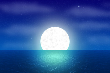 Wall Mural - Fantasy night landscape with shimmering water surface, shiny moon and starry cloudy sky.