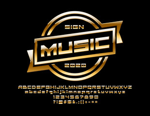vector golden sign music. metallic gradient font. exclusive alphabet letters, numbers and symbols