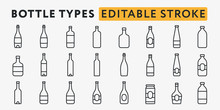 Glass Bottle Types. Alcohol Beverage Bar Drink Concept. Editable Stroke. Minimal Color Flat Line Outline Stroke Icon Set.