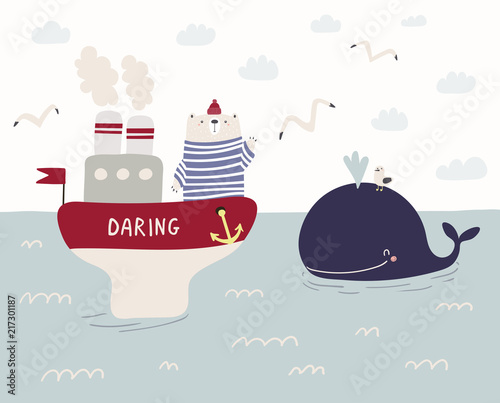 Hand drawn vector illustration of a cute funny sailor bear sailing on a ship,...