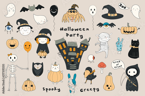 Big set of kawaii funny Halloween elements, characters, with text, haunted ho...