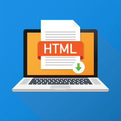 Poster - Download HTML button on laptop screen. Downloading document concept. File with HTML label and down arrow sign. Vector illustration.