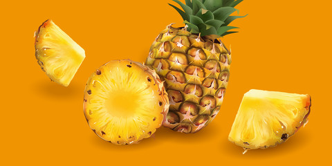 Wall Mural - Pineapple on a bright yellow background