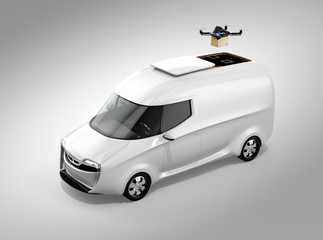 Wall Mural - Delivery drone takeoff from white electric delivery van on gray background. Copy space on the body. 3D rendering image.