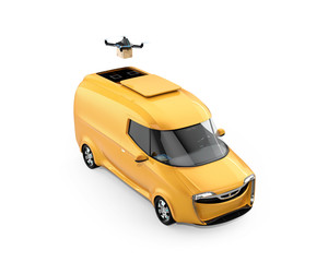 Wall Mural - Delivery drone takeoff from yellow electric delivery van on white background. Copy space on the body. 3D rendering image.