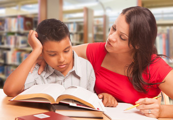 Canvas Print - Hispanic Young Boy and Famle Adult Studying At Library