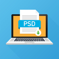 Fototapete - Download PSD button on laptop screen. Downloading document concept. File with PSD label and down arrow sign. Vector illustration.