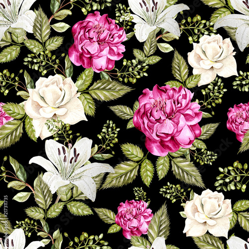 Bright watercolor pattern with flowers of a rose, lily and a peony.
