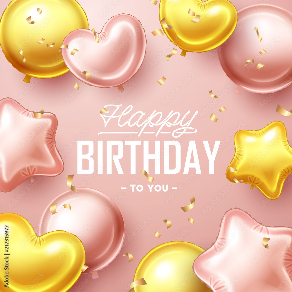 Happy Birthday background with pink and gold floating balloons. Vector ...
