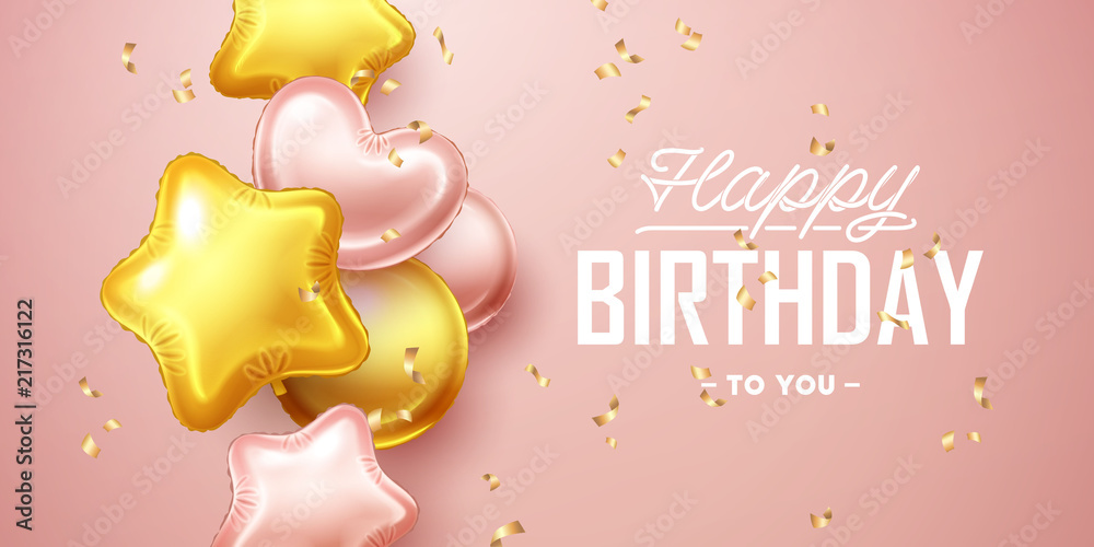 Happy Birthday background with pink and gold floating balloons. Vector ...