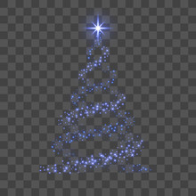 Christmas Tree 3d For Card. Transparent Background. Blue Christmas Tree As Symbol Of Happy New Year, Merry Christmas Holiday Celebration. Sparkle Decoration. Bright Star. Vector Illustration