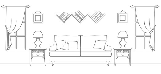 Interior layout of the living room. Vector room plan. Linear style.