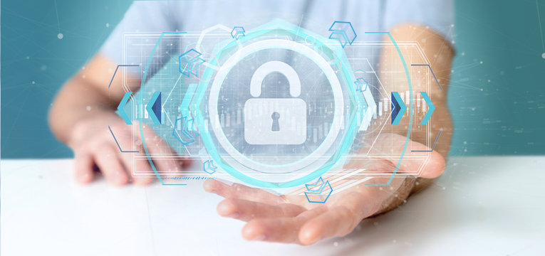Man holding a Shield web security concept 3d rendering