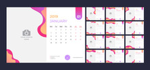 Calendar Design For 2019. Simple Red And Orange Background. Week Starts On Monday. Set Of 12 Calendar Pages Vector Design Print Template With Place For Photo. 