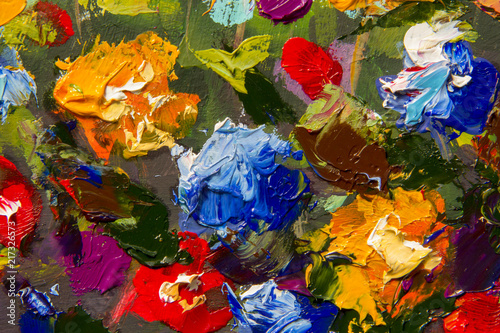 Dekoracja na wymiar  oryginalny-recznie-robiony-abstrakcyjny-obraz-olejny-jasne-kwiaty-wykonane-szpachla-czerwony-zolty-niebieski