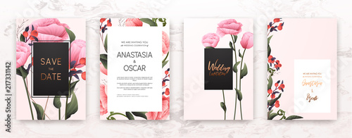 Wedding invitation frame set; flowers, leaves, watercolor, minimal vector. Sk...