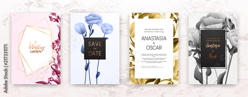 Wedding invitation frame set; flowers, leaves, watercolor, minimal vector. Sk...