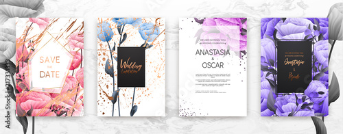 Wedding invitation frame set; flowers, leaves, watercolor, minimal vector. Sk...