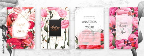 Wedding invitation frame set; flowers, leaves, watercolor, minimal vector. Sk...