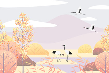 Wall Mural - Simple Autumn Lanscape with Red-crowned Cranes