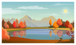 Landscape with lake, trees, sun and mountains in background. Nature, autumn concept. Flat style vector illustration. For leaflets, brochures, wallpapers, posters or banners.