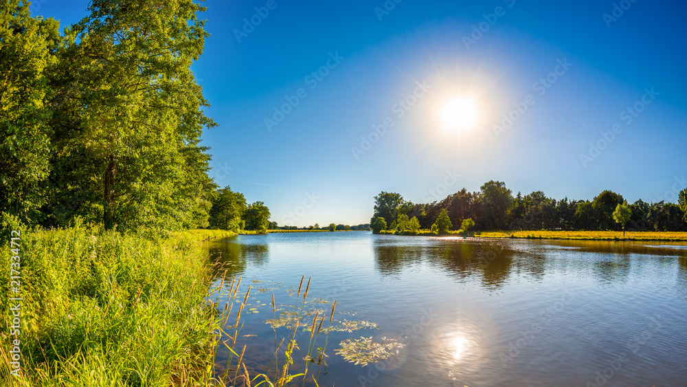 Summer landscape with trees, meadows, river and bright sun - obrazy, fototapety, plakaty 